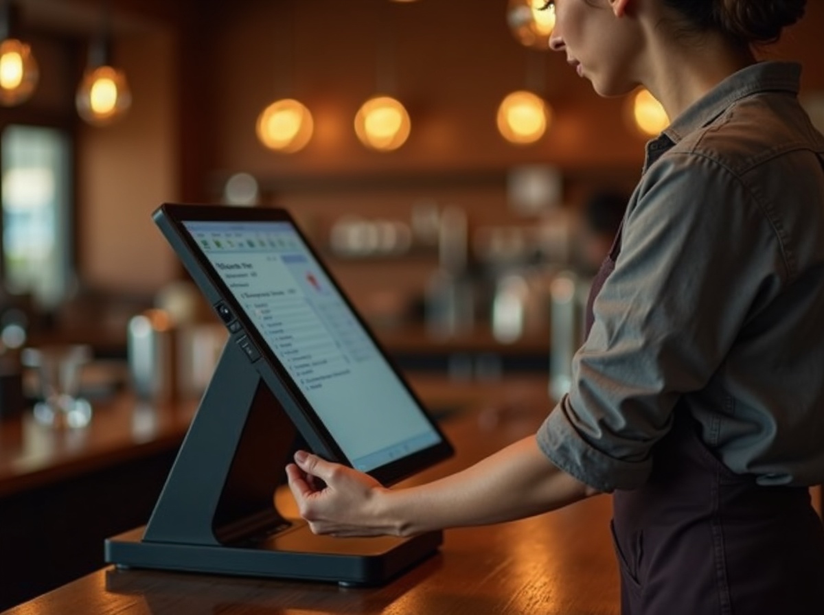 A modern Marlin POS terminal in use at a restaurant counter